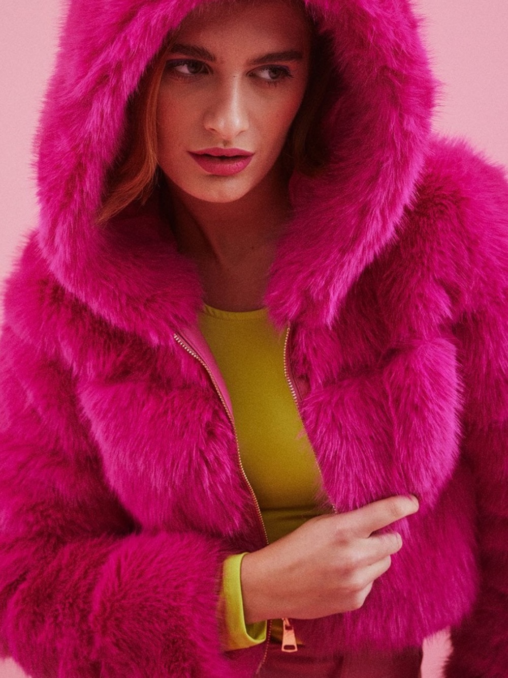JAYLEY Pink Hooded Faux Fur Puffer Coat